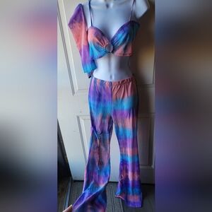 Colorful Tie-Dye Three-Piece Mesh Rave Set Sz Large